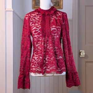 J.Crew Lace Mockneck Blouse Burgundy Red Sheer Top Size 8 NWT